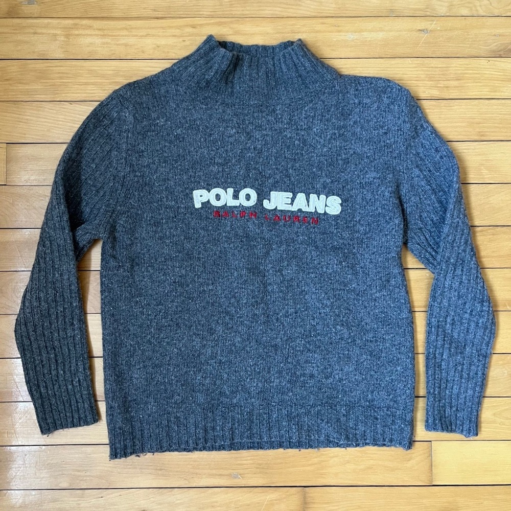Vtg Polo Jeans Ralph Lauren Grey Wool Mock Neck Sweater Ribbed Sleeve Mens M/S